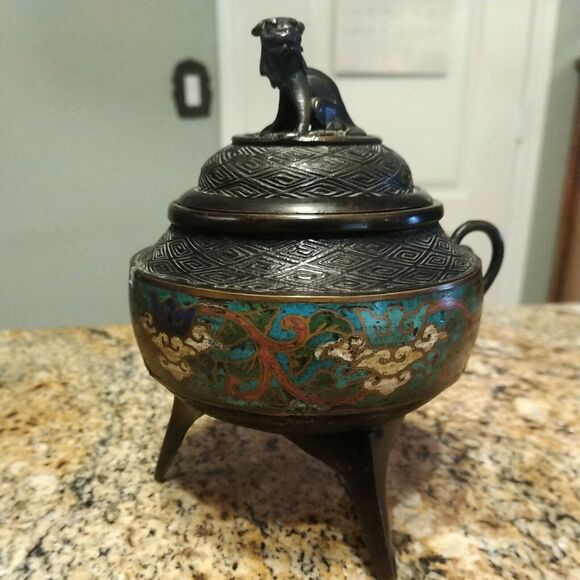 Antique Chinese Cloisonné Enamel Bronze Dynasty Handle Incense Burner Censer Foo - Picture 8 of 12